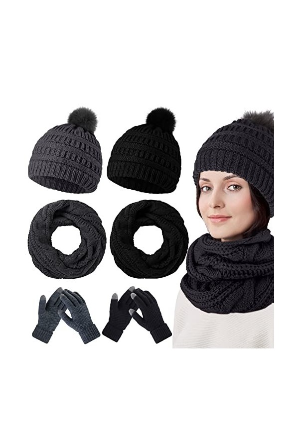 Ensemble de Bonnets en Tricot à Pompon Gants Écran Tactile Écharpes Longues Hiver Femmes Noir, Blanc, 6 Pcs 