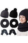 Ensemble de Bonnets en Tricot à Pompon Gants Écran Tactile Écharpes Longues Hiver Femmes Noir, Blanc, 6 Pcs 