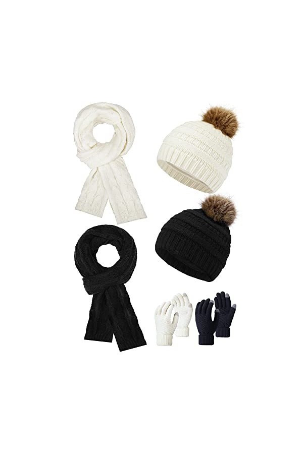 Ensemble de Bonnets en Tricot à Pompon Gants Écran Tactile Écharpes Longues Hiver Femmes Noir, Blanc, 6 Pcs 