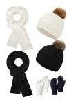 Ensemble de Bonnets en Tricot à Pompon Gants Écran Tactile Écharpes Longues Hiver Femmes Noir, Blanc, 6 Pcs 