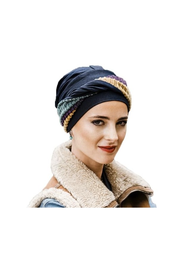 Carebell Elegance Hippie Turban Bonnet oncologique en bambou pour chimiothérapie ou alopécie, bleu marine, Taille Unique