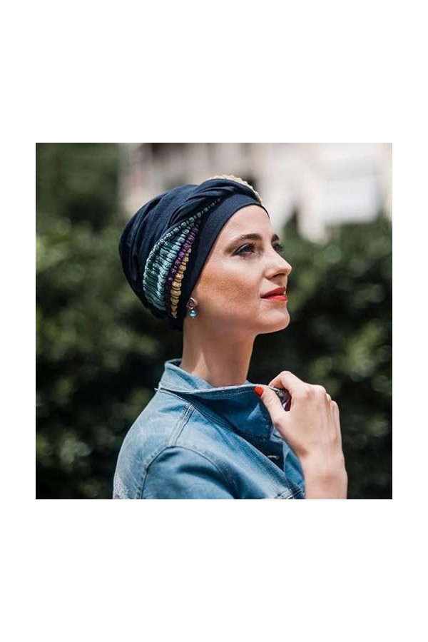 Carebell Elegance Hippie Turban Bonnet oncologique en bambou pour chimiothérapie ou alopécie, bleu marine, Taille Unique