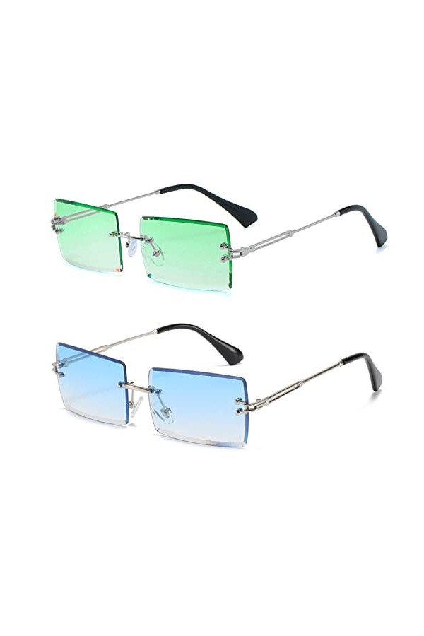YUELUQU Lunettes de soleil rectangulaires rétro sans monture pour homme et femme - Lunettes transparentes Y2K vintage, Sgreen