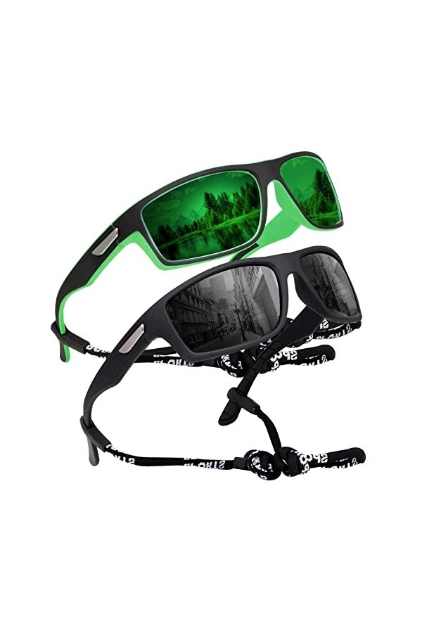 SKYWAY Lunettes de soleil polarisées pour homme et femme - Lunettes de soleil de pêche - Protection UV SS8004, noir/vert, Tai