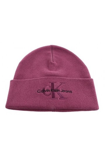 Calvin Klein Jeans - Bonnet femme en coton avec double logo, aubergine, Taille Unique