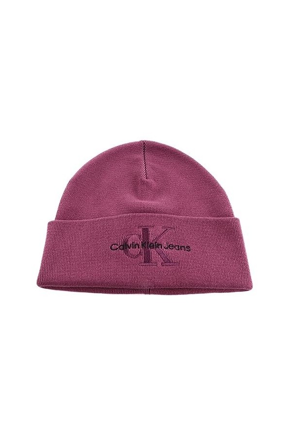 Calvin Klein Jeans - Bonnet femme en coton avec double logo, aubergine, Taille Unique