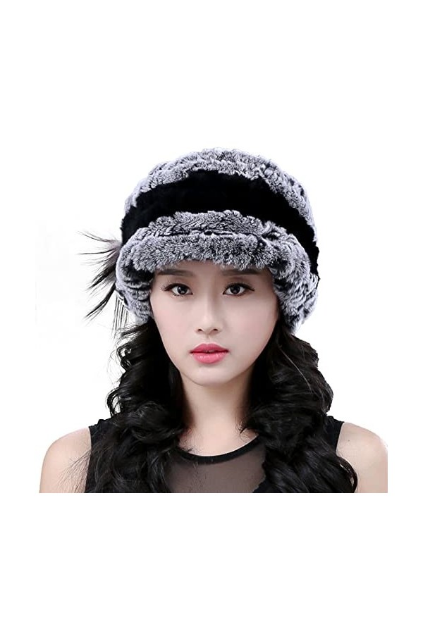 BeFur Bonnet Rex en fourrure - Pour femme - Chaud et doux, gris/noir., Taille unique