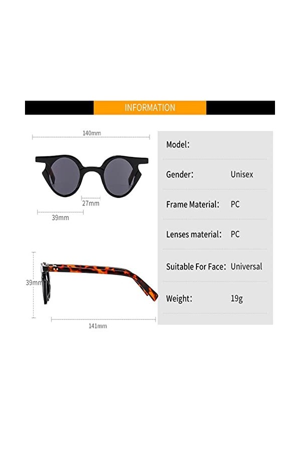 Lunettes de soleil rondes Femmes Hommes Vintage PC Frame Lentille Style décontracté Lunettes de soleil UV400, C1, Taille uniq