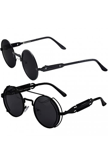 XFentech Lunettes de Soleil Punk - 2Pcs Retro Steampunk Ronde Métal Cercle Lunettes de Soleil Polarisées pour Hommes et Femme