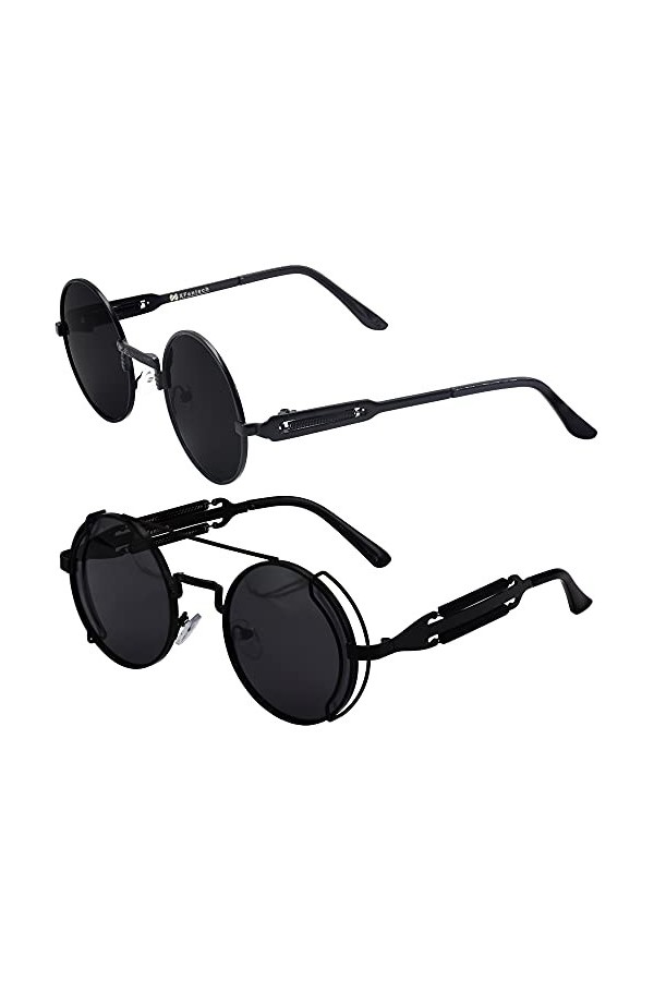 XFentech Lunettes de Soleil Punk - 2Pcs Retro Steampunk Ronde Métal Cercle Lunettes de Soleil Polarisées pour Hommes et Femme
