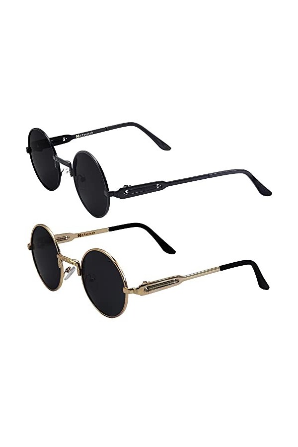 XFentech Lunettes de Soleil Punk - 2Pcs Retro Steampunk Ronde Métal Cercle Lunettes de Soleil Polarisées pour Hommes et Femme