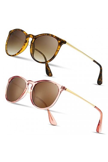 SUNGAIT 2 paires Lunettes de Soleil Rondes Vintage pour Femmes Classique Retro Designer Mate Ambre/Lentille Polarisées Dégra