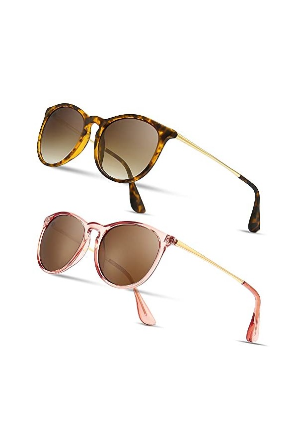 SUNGAIT 2 paires Lunettes de Soleil Rondes Vintage pour Femmes Classique Retro Designer Mate Ambre/Lentille Polarisées Dégra