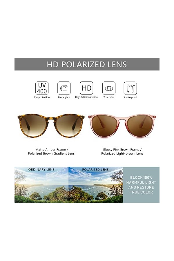 SUNGAIT 2 paires Lunettes de Soleil Rondes Vintage pour Femmes Classique Retro Designer Mate Ambre/Lentille Polarisées Dégra