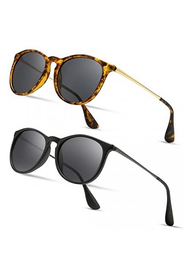 SUNGAIT 2 paires Lunettes de Soleil Rondes Vintage pour Femmes Classique Retro Designer Style Mate Cadre Ambre/Lentille Pola