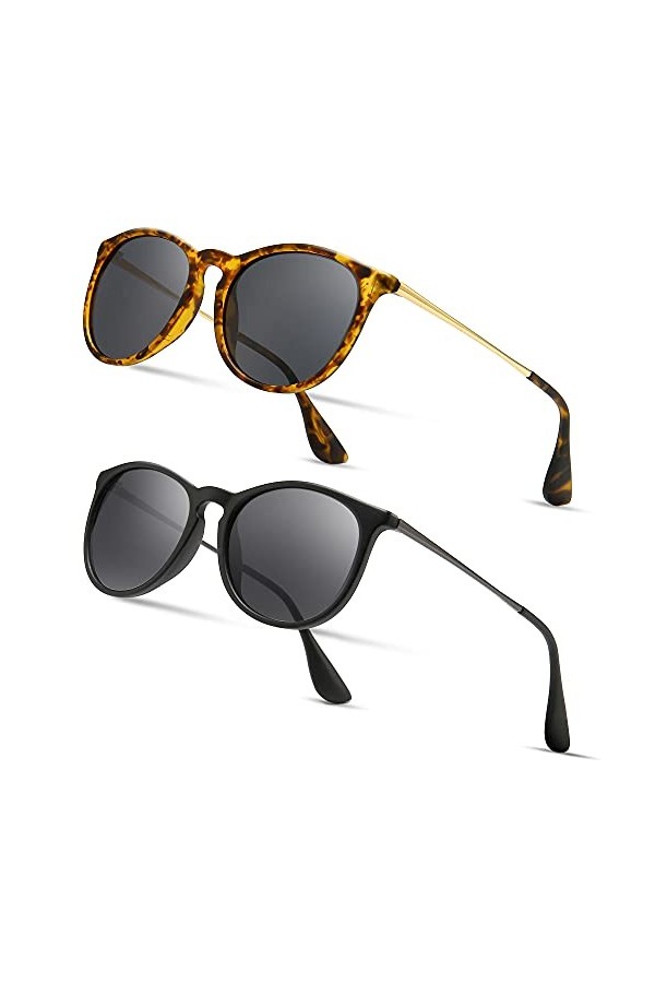 SUNGAIT 2 paires Lunettes de Soleil Rondes Vintage pour Femmes Classique Retro Designer Style Mate Cadre Ambre/Lentille Pola