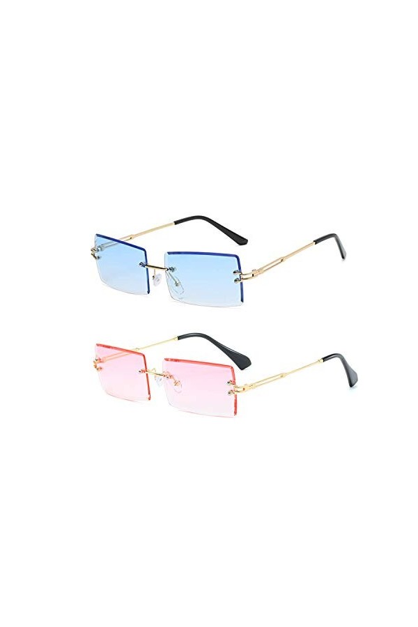 YOJUED Lunettes de Soleil sans Monture Vintage pour Femmes Hommes Lunettes Rectangulaires Rétro à la Mode Rose+Bleu