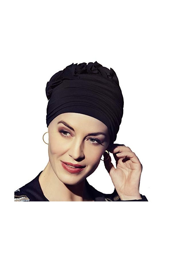 Christine Headwear Bonnet oncologique Nadi avec pétales en Bambou - Disponible en Rouge ou Noir Noir 