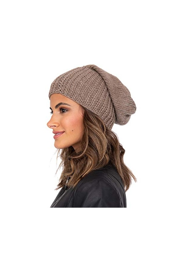likemary Bonnet pour femme – Bonnet souple en laine mérinos tricoté doux pour femme, moka, taille unique
