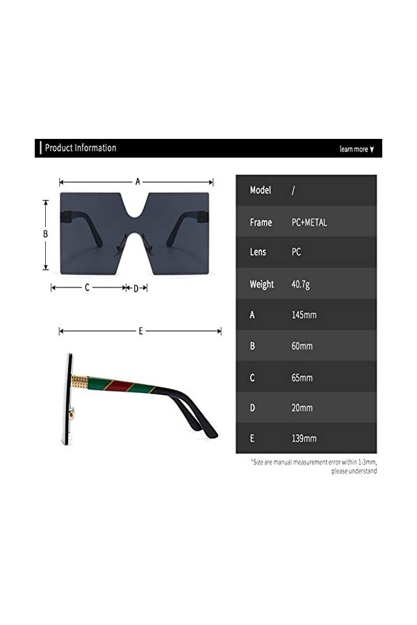 HCHES Lunettes de soleil sans monture pour femmes hommes cadre vintage lunettes de soleil carrées dégradé UV40, noir, taille 