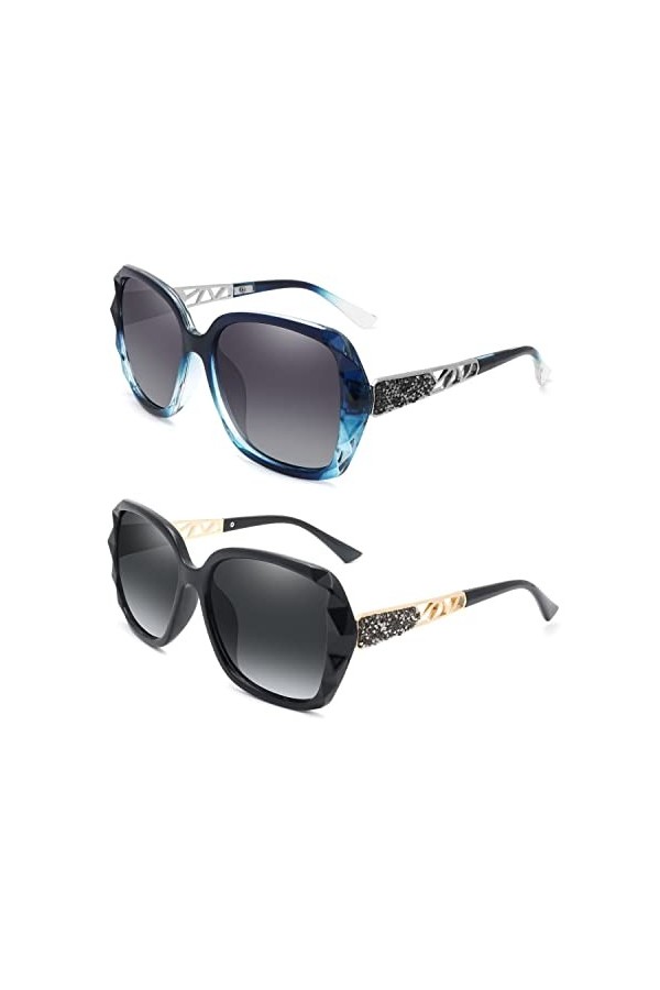 La Bicoque Lunettes de soleil polarisées surdimensionnées pour hommes et femmes, cadre carré étincelant protection UV, noir +