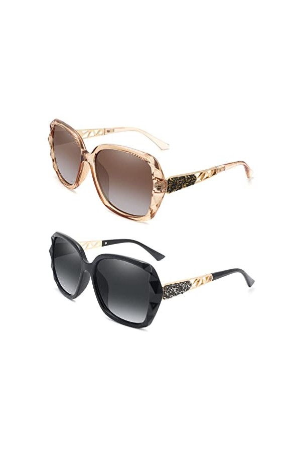 La Bicoque Lunettes de soleil polarisées surdimensionnées pour hommes et femmes, cadre carré étincelant protection UV, noir +