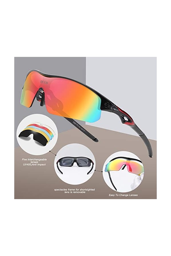 DUCO Lunettes de vélo pour homme et femme - Lunettes de soleil pour sports dextérieur - Avec 5 verres interchangeables UV400