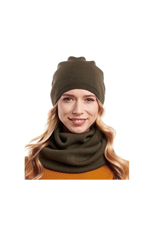 Hilltop Set dhiver en coton pour femmes, composé dune écharpe dhiver et dun bonnet tricoté, Ensemble Hiver:olive