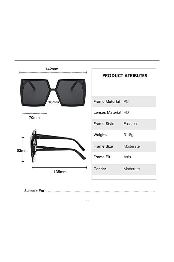 HCHES Lunettes de soleil carrées femmes Vintage surdimensionnées femmes lunettes de soleil dégradé femme lunettes hommes UV40