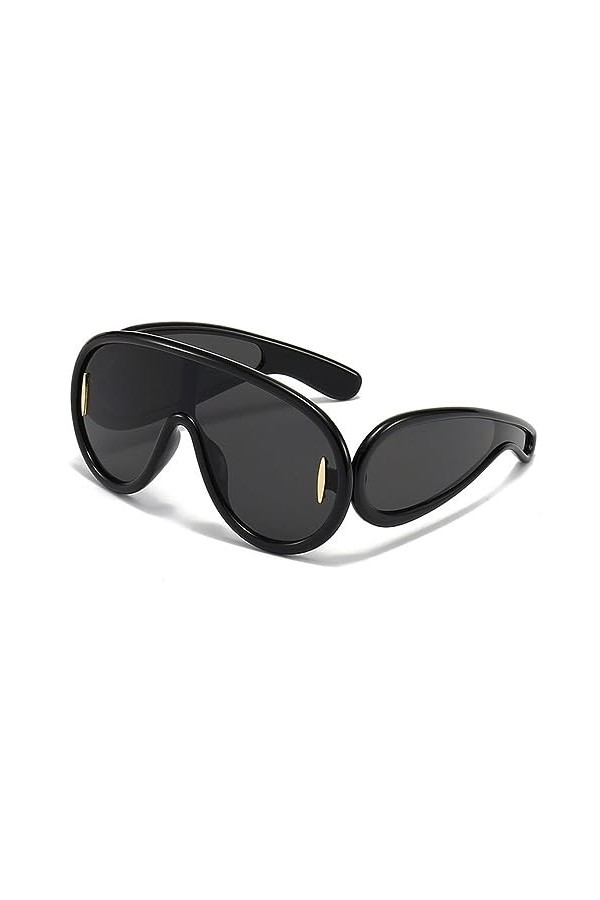 Lunettes de soleil Punk Femmes Hommes Hip Hop One Piece Lunettes de soleil UV400 Shades Mirror Eyewear, Noir, taille unique
