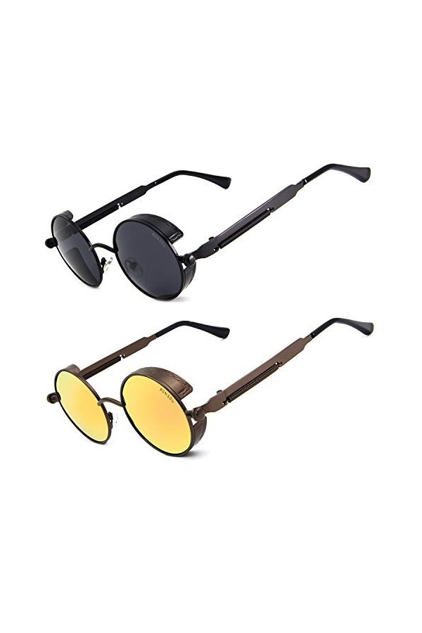 RONSOU Steampunk Style Ronde Vintage Polarisées Lunettes de Soleil Rétro Lunettes UV400 Protection Métal Cadre Cadre Noir Len