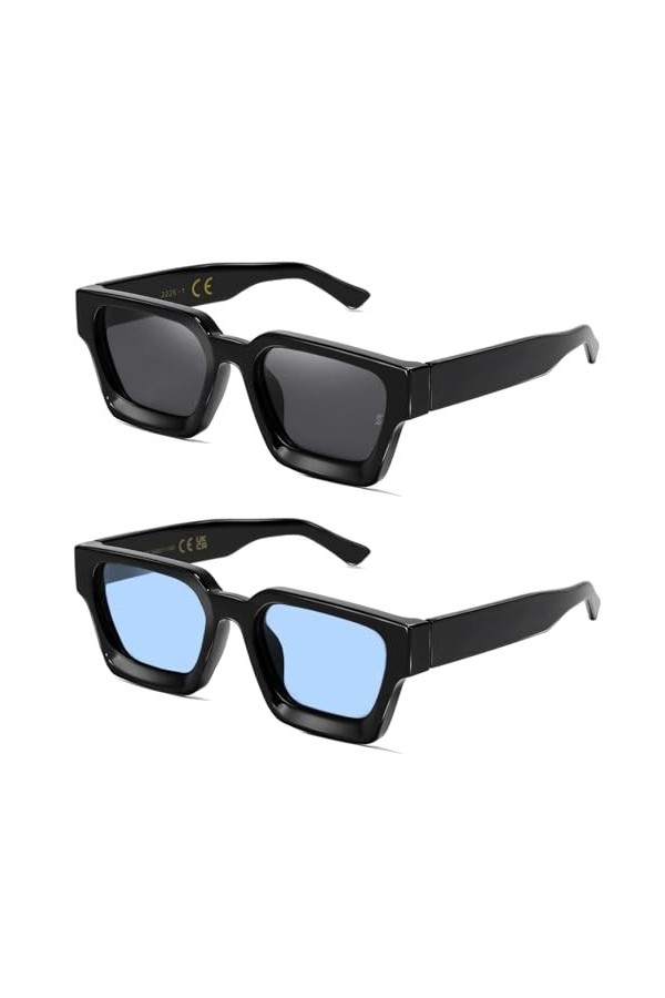 SHEEN KELLY 2PCS Lunettes de Soleil Retro Rectangle Epais Chunky Femmes Hommes Trendy Narrow Square Black Tortie Frame Fashio