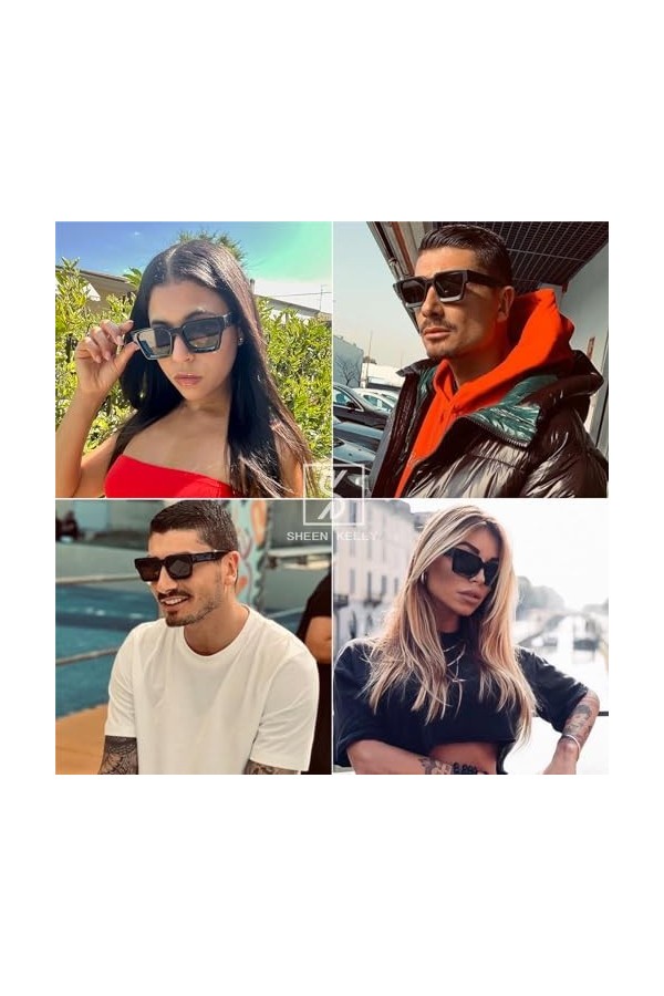 SHEEN KELLY 2PCS Lunettes de Soleil Retro Rectangle Epais Chunky Femmes Hommes Trendy Narrow Square Black Tortie Frame Fashio
