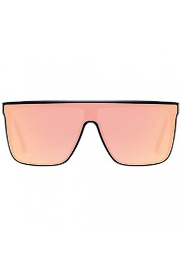 H HELMUT JUST Lunettes de Soleil Femme Carrée Grand Cadre Verres Rose Mioir en Nylon Monture en TR90 Branche en Acétate
