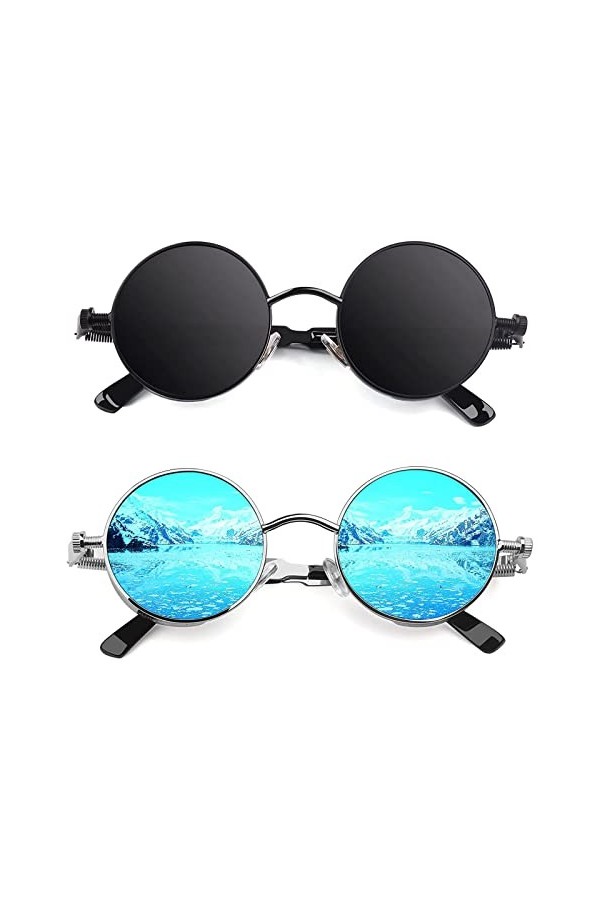 CGID E72 Lunettes de soleil polarisées inspirées du style retro Steampunk en cercle métallique rond pour hommes 2 Paires
