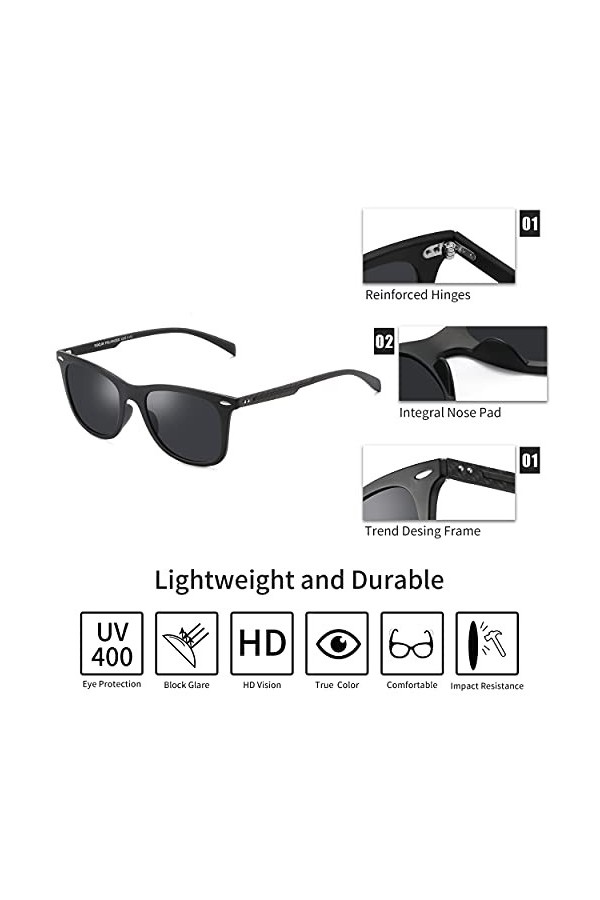 PUKCLAR Lunettes de soleil polarisées pour homme et femme avec verres miroir Noir, Monture noire C1 / lentille noire