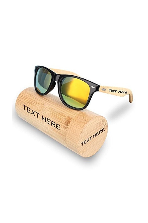 Dinikally Lunettes de soleil personnalisées avec bras en bois gravé avec étui à lunettes en bambou gravé pour homme et femme