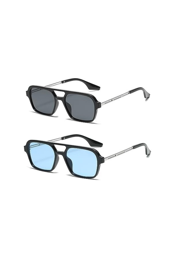 YUELUQU Lunettes de soleil aviateur rectangulaires rétro pour homme et femme - Lunettes de soleil vintage années 70 - Lunette