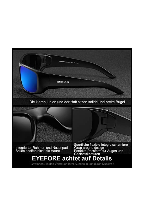 EYEFORE Lunettes de soleil homme femme polarisées vintage lunettes de soleil rectangulaires lunettes de sport noir lunettes d