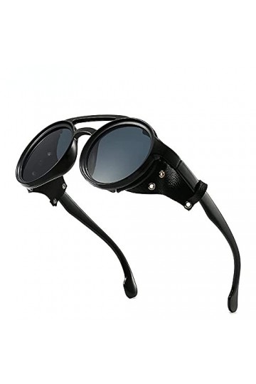 MAOXING Lunettes De Soleil Steampunk Rondes Rétro avec Protections Latérales en Cuir Lunettes De Mode pour Hommes Et Femmes A