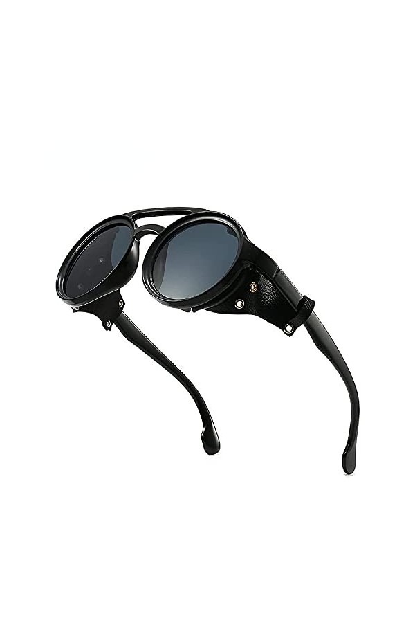 MAOXING Lunettes De Soleil Steampunk Rondes Rétro avec Protections Latérales en Cuir Lunettes De Mode pour Hommes Et Femmes A