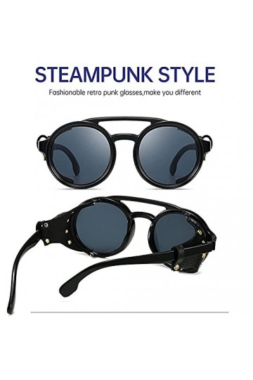 MAOXING Lunettes De Soleil Steampunk Rondes Rétro avec Protections Latérales en Cuir Lunettes De Mode pour Hommes Et Femmes A