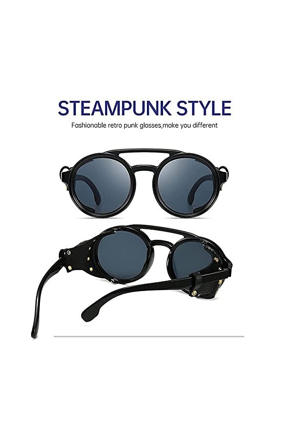 MAOXING Lunettes De Soleil Steampunk Rondes Rétro avec Protections Latérales en Cuir Lunettes De Mode pour Hommes Et Femmes A
