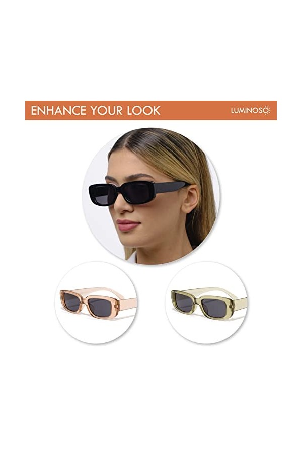 Luminoso Eyewear - Lunettes de soleil unisexes rectangulaires rétro - Lot de 3 - Monture en polycarbone noir/marron/vert - UV