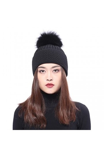 BeFur Bonnet chaud pour femme avec pompon en fourrure de renard, Noir , Taille unique