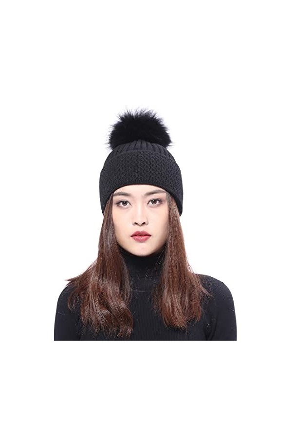 BeFur Bonnet chaud pour femme avec pompon en fourrure de renard, Noir , Taille unique