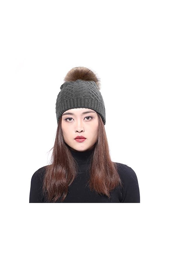 BeFur Bonnet chaud pour femme avec pompon en fourrure de renard, Noir , Taille unique