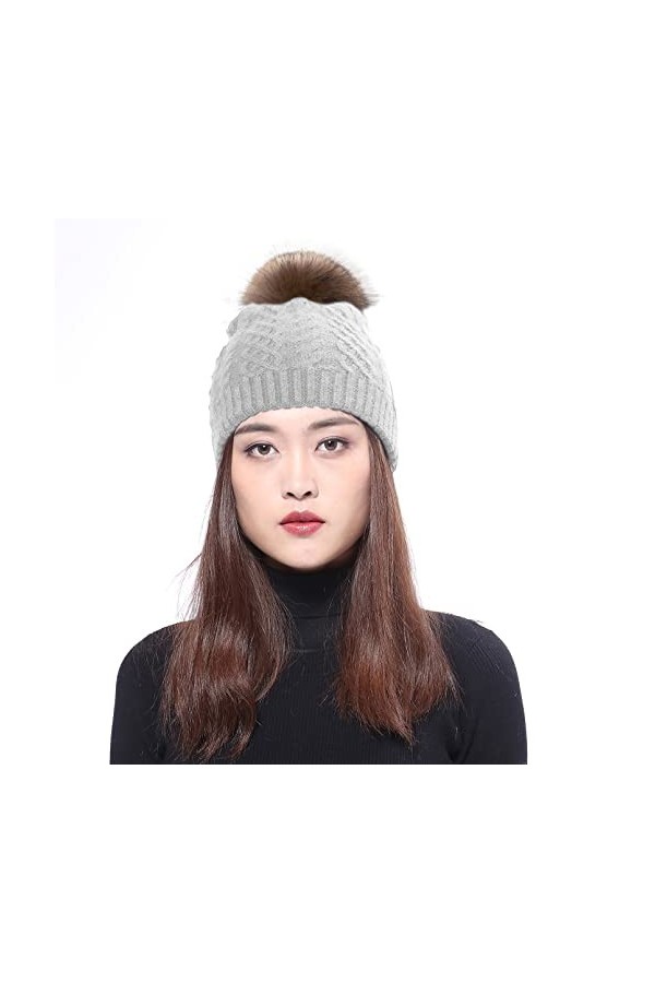 BeFur Bonnet chaud pour femme avec pompon en fourrure de renard, Noir , Taille unique