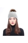 BeFur Bonnet chaud pour femme avec pompon en fourrure de renard, Noir , Taille unique