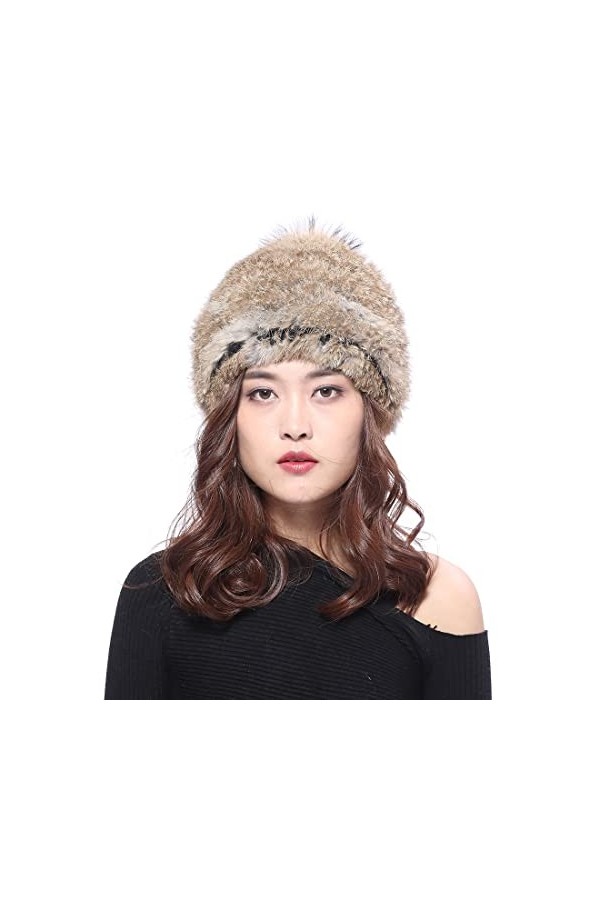 BeFur Bonnet tricoté pour femme - Avec pompon en fourrure de lapin - Chaud, marron, Taille unique